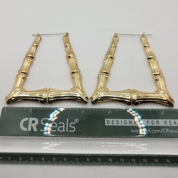 Gold Tone  Metal Bamboo Textured Large Pierced Earrings Vintage - Picture 3 of 4